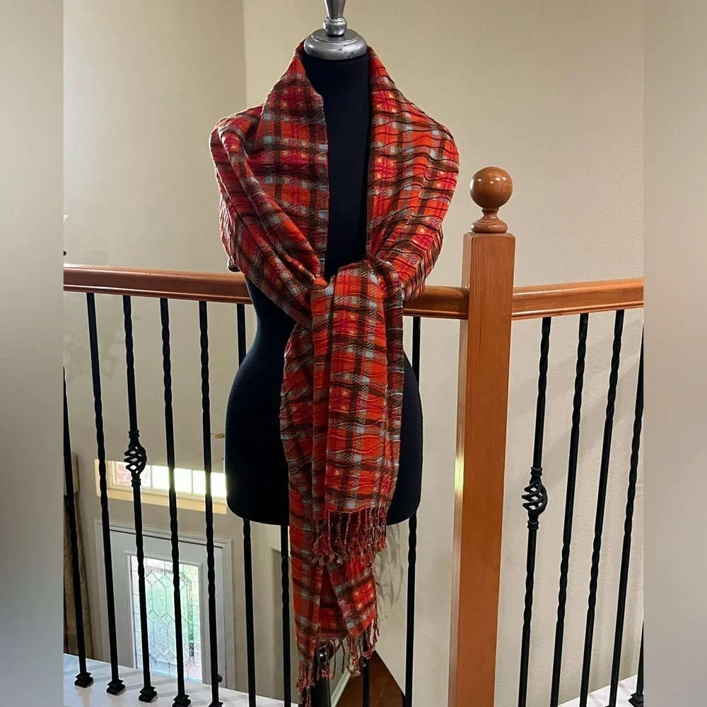Echo Vibrant Orange and BLUE CRINKLED PLAID COZY CLASSIC SCARF, 21”X 78”